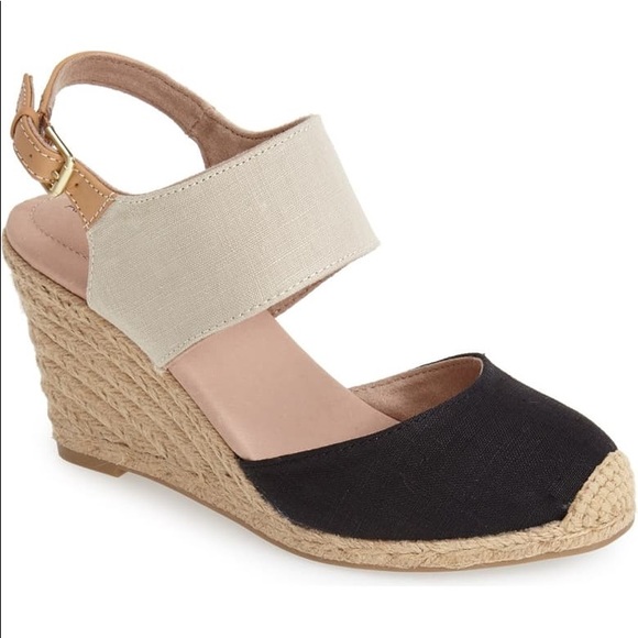 Adam Tucker Shoes - Adam Tucker Black and Tan Espadrille Wedge Heels